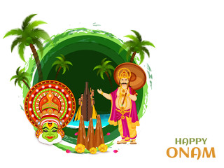 Obraz na płótnie Canvas Happy Onam poster or banner design with illustration of Kathakali dancer face, King Mahabali and Thrikkakara Appan on green circular abstract background.