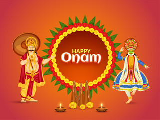 Illustration of Kathakali Dancer, King Mahabali and Thrikkakara Appan Idol for Onam Fetsival celebration poster or banner design.