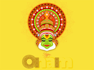 Stylish text Happy Onam and illustration of Kathakali Dancer face on yellow background for Festival celebration concept. Can be used as banner or poster design.