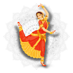 Young beautiful Indian woman dancer performing Bharatnatyam on white mandala pattern background.