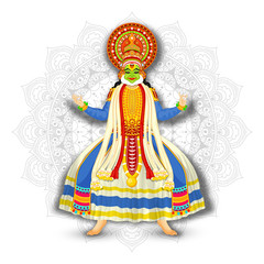 Illustration of Kathakali Dancer on white mandala pattern background.