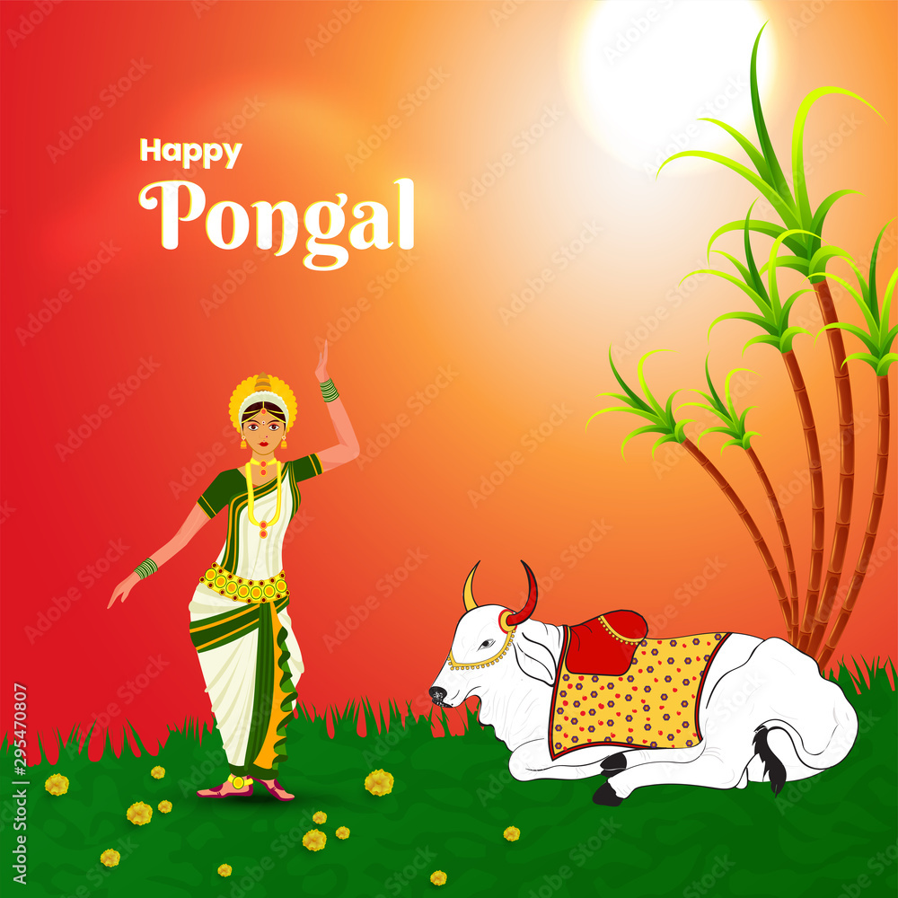 Sticker Nature landscape background with cow and young indian lady in traditional clothing, for celebration of South Indian festival Pongal.