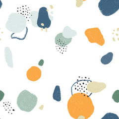 Cute abstract colourful circle oval spot with dots seamless pattern on white background. Design background for kids nursery.