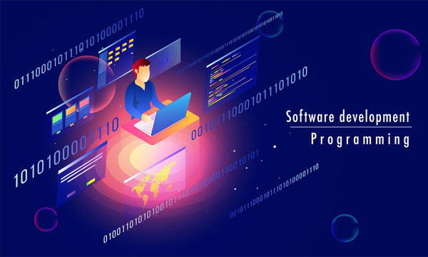 3D isometric illustration of analyst or developer working on laptop with multiple screens on blue abstract background for Software development programming responsive landing page.
