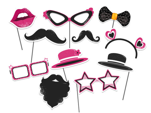 Sticker style party or photo props set on white background.