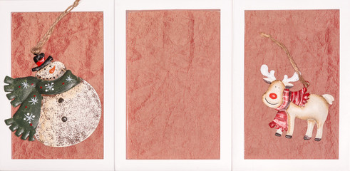 Triple picture frame with snowman and a deer on a rose silk background