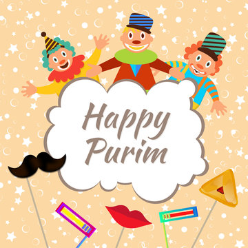 Happy Purim greeting card design with funny jesters and party props on star abstract decorated background for Jewish Holiday celebration.