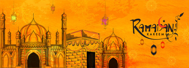 Ramadan kareem celebration header or banner design with hand drawn mosque with holy kaaba on orange texture background.