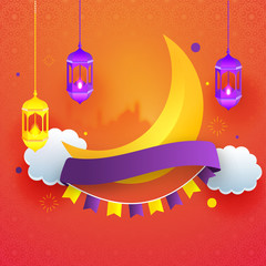 Paper cut style golden crescent moon and cloud on glossy orange background decorated with hanging lamps.
