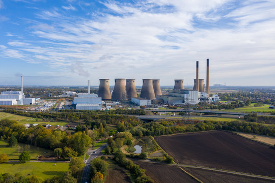 Aerial photo of the Ferrybridge Power Station located in the Castleford area of Wakefield in the UK, showing the power station cooling towers.