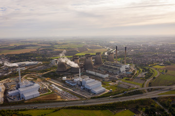 Aerial photo of the Ferrybridge Power Station located in the Castleford area of Wakefield in the UK, showing the power station cooling towers.