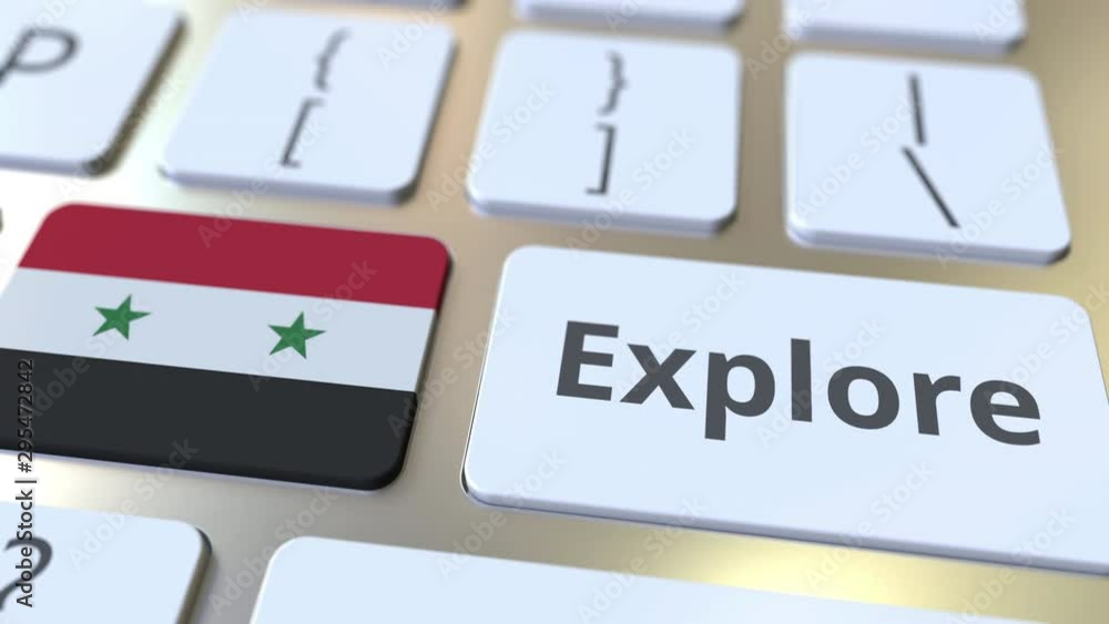 Poster explore word and national flag of syria on the buttons of the keyboard. 3d animation