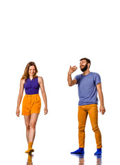 Fototapeta premium Two young breakdancers in a jumping pose