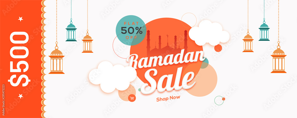 Sticker Website header or banner design with silhouette mosque and 50% discount offer for Ramadan Sale.