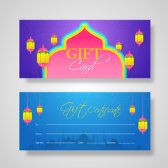 Front and back image of Gift Card design in different color, decoration of illuminated bunting.