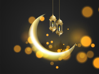 Glowing crescent moon and hanging illuminated lanterns on bokeh background. Can be used as banner or poster design.