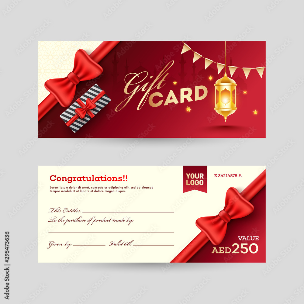 Sticker view of front and back gift card design with gift box and illuminated lantern.