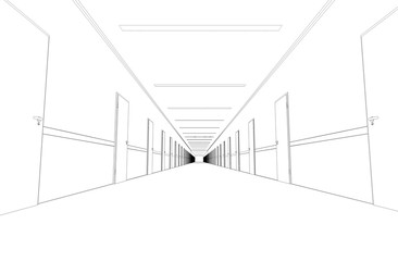 Long corridor with doors, contour visualization, 3D illustration, sketch, outline