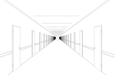 Long corridor with doors, contour visualization, 3D illustration, sketch, outline