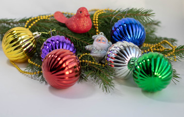 Bright festive background Christmas tree branches decorations, close-up