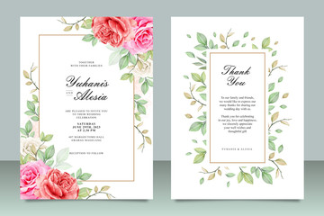 Beautiful wedding invitation card template with flowers and leaves watercolor