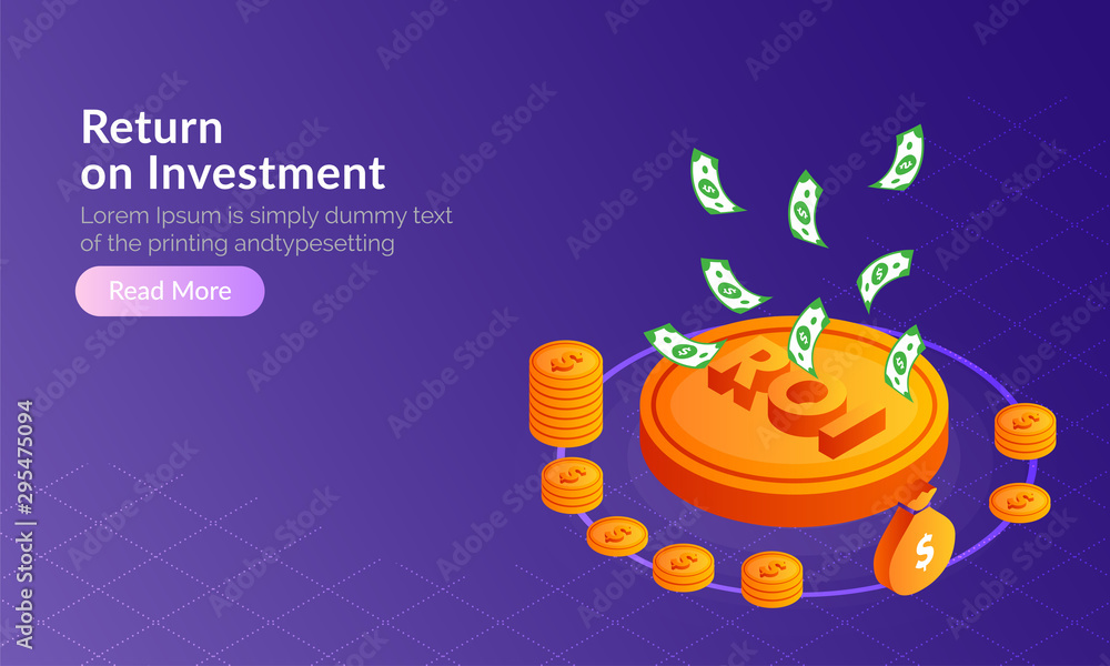 Poster isometric coin stacks with banknote on shiny blue background, web template design for return on inve