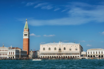 St Mark's Square,  Campanile of San Marco and Bridge of Sighs. View from Grand Canal. (Piazza San Marco). Venice, Italy.