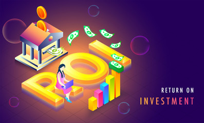 Golden text return on investment (ROI) isometric background with growth or profit graphs, money,  bank and miniature business woman analysing the stats.