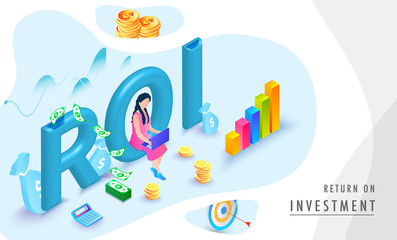 Obraz premium Return on investment (ROI) isometric background with growth or profit graphs, money, and miniature business woman analysing the stats.
