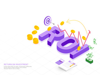 Purple 3D text ROI on white background with infographic elements and coin stack for Return On Investment concept based web template design.