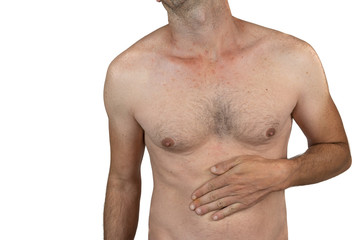 Naklejka premium body of shirtless man with hand on stomach, isolated on White background