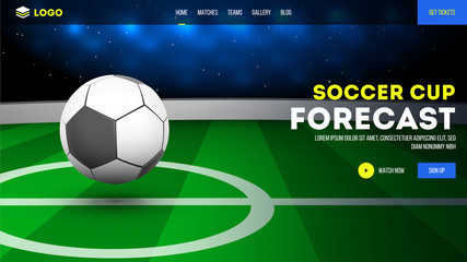 Vector illustration of soccer ball on playground. Soccer cup forecast landing page design.