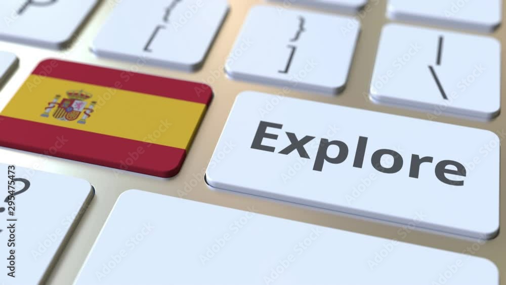Poster explore word and national flag of spain on the buttons of the keyboard. 3d animation
