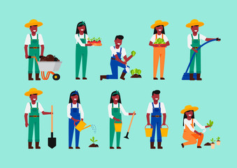 Set of farmers or agricultural workers, gardener. African farmers with farming equipments. 