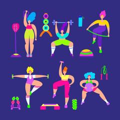 Concept illustration of gym with girls doing sport training. Exercise women. Health female.