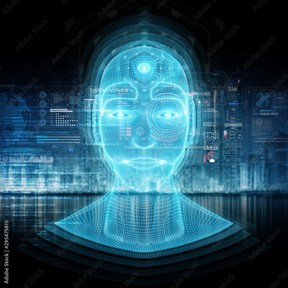 Aufkleber intelligent machine with a robotic cyborg head concept 3d rendering