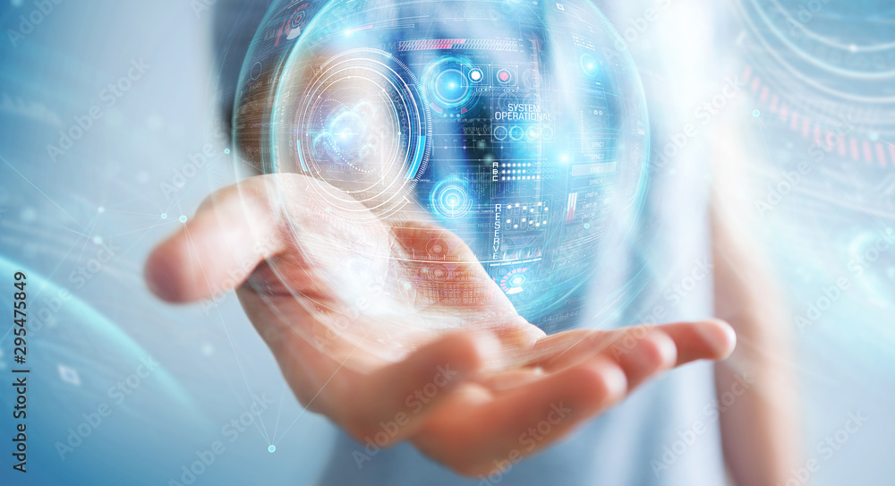 Aufkleber Businessman using digital technological interface with datas 3D rendering