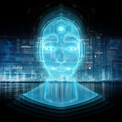 Intelligent machine with a robotic cyborg head concept 3D rendering