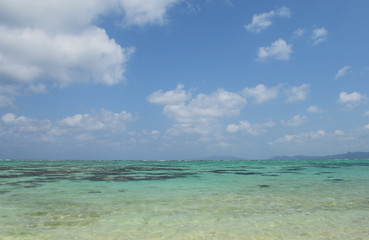Fototapeta na wymiar 青い空とエメラルドグリーンの遠浅の海