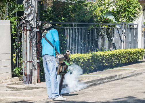 Mosquito fogging spray and insecticide pest control for stoping insect breeding and preventing malaria, dengue epidemic fever disease with worker spraying chemical smoke
