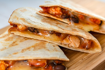 Chicken And Black Beans Quesadillas With Cheese And Salsa
