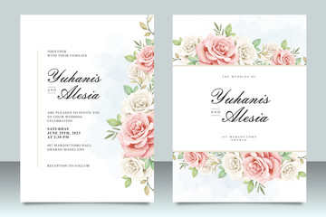 Wedding invitation template with beautiful flowers and leaves