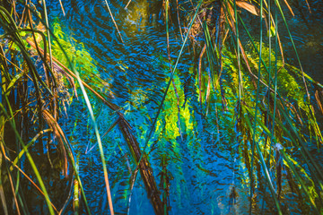 Green, blue and yellow reflections in the river flow. Abstract background