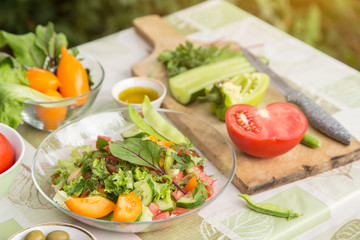 Fresh colorful vegetable salad in plate. Cooking healthy diet food