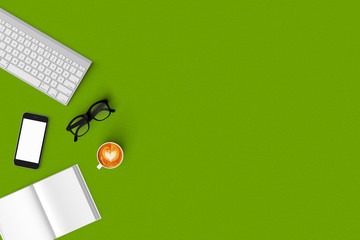 keyboard , coffee ,smartphone , notebook on the color background top view