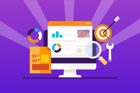 Modern concept of seo tools, marketing software, search optimization, traffic analytic application concept, web banner, presentation, template.