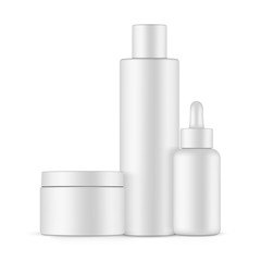 Set of blank plastic containers mockups: bottle with cap, dropper bottle and cream jar. Vector illustration