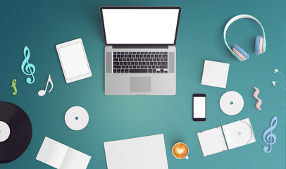 creative mock up laptop , tablet, smartphone ,music cover cd