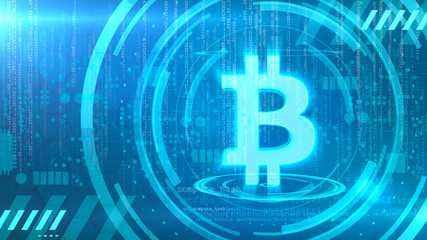 Bitcoin symbol on a cyan HUD background