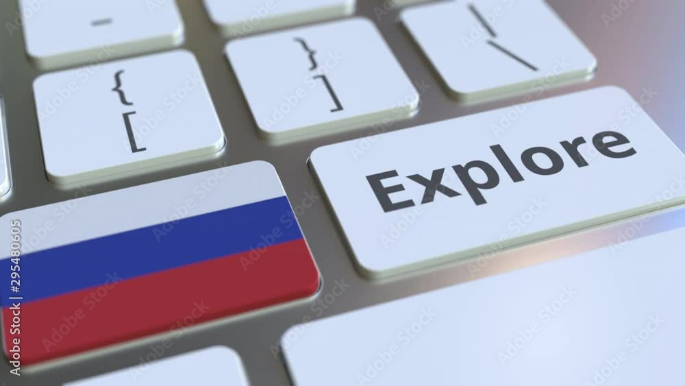 Poster explore word and national flag of russia on the buttons of the keyboard. 3d animation